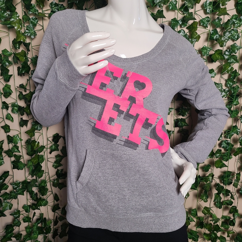 Joshua Perets Women's Grey Cotton Pink Letters Front Pocket Casual Sweatshirt